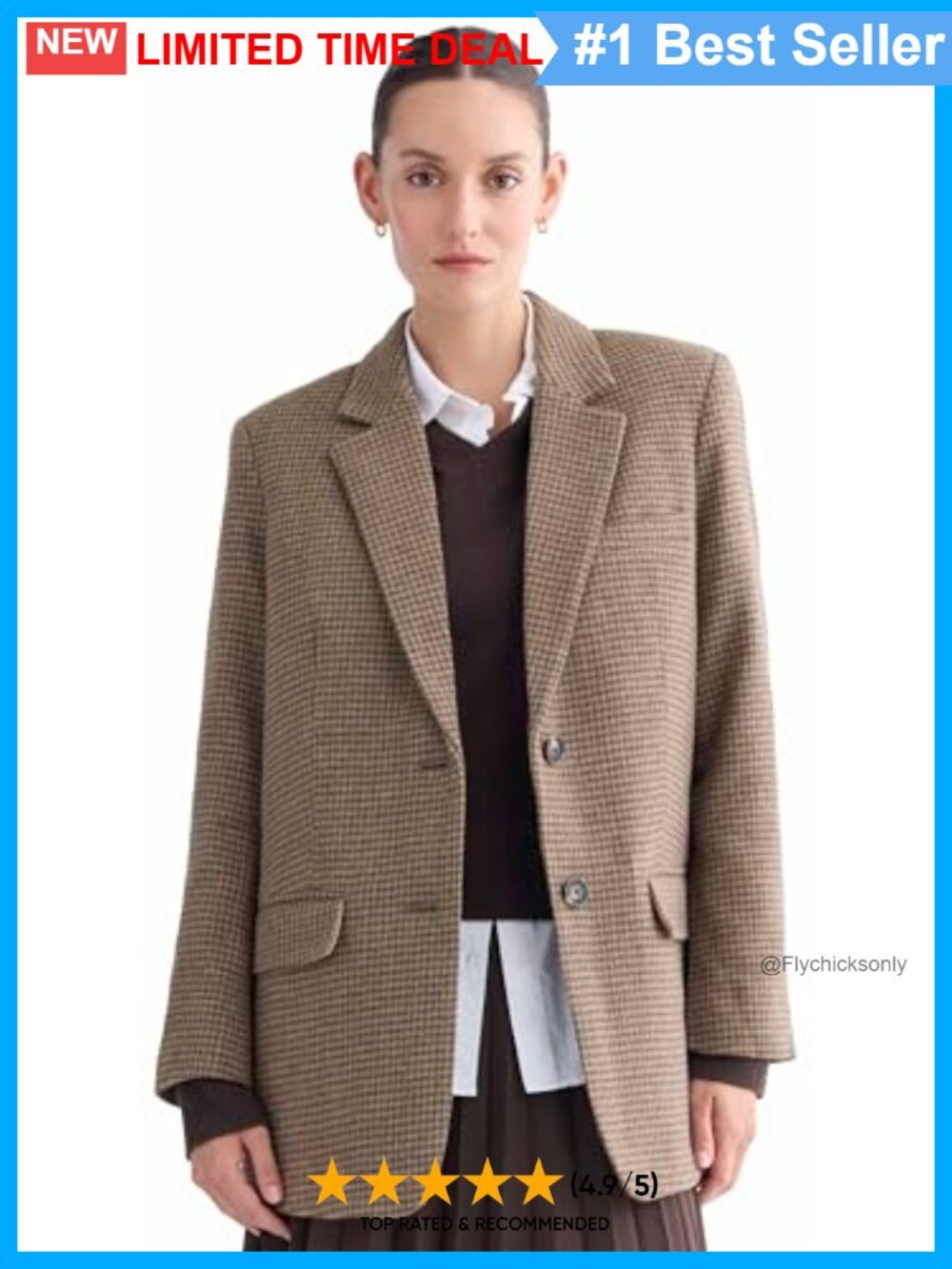 Oversized Recycled Wool Blazer Notch Collar Button Flap Pockets Work